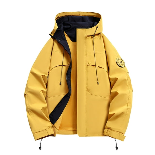 WRKEKC Men's Heavy-Duty Waterproof Workwear Raincoat Hooded Jacket with Multiple Utility Pockets for Outdoor Construction, Landscaping and All-Weather Commute Yellow XL