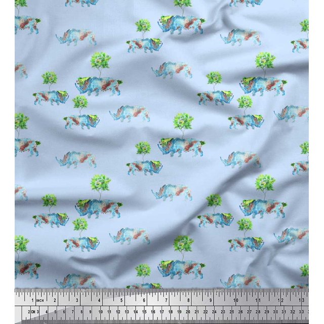 Soimoi Blue Rayon Fabric Tree & Rhinoceros Animal Printed Fabric 1 Yard 56 Inch Wide
