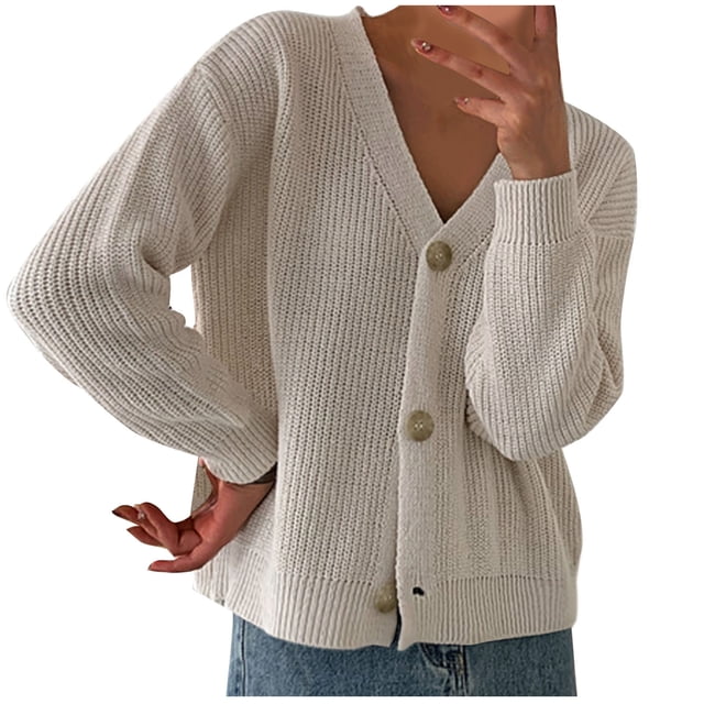 AherBiu Cardigan Sweaters for Women Button down V Neck Ribble Knitted Outwear Jackets