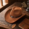 thumbnail image 4 of Vintage Wide Brim Felt Cowboy Hat with Decorative Hat Band, Classic Western Style Fedora Cowgirl Hat, Lightweight Outdoor Travel Party Costume Hat for Men Women Brown, 4 of 7