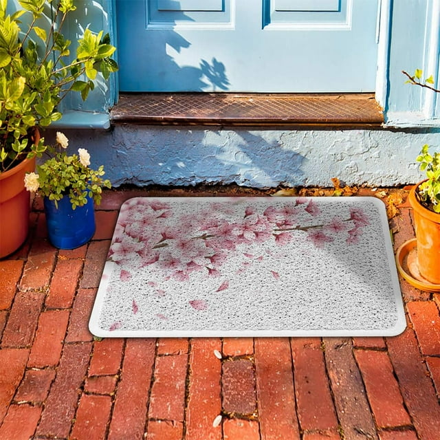 PVC Doormat Entrance Rugs Heavy Duty Welcome Mats, Spring Cherry Blossoms Blooming Outdoor Indoor Mats Non Slip Rubber Backing for Front Door/Yard/Garage/Garden, 18"x 30" Pink Flower White Backdrop