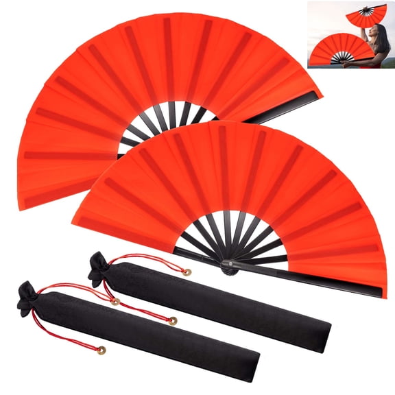 2 Packs Large Clap Fans for Line Dancing Large Chinese Folding Hand Fans, Red Decorative Chinese Tai Chi Hand Fans for Women Men