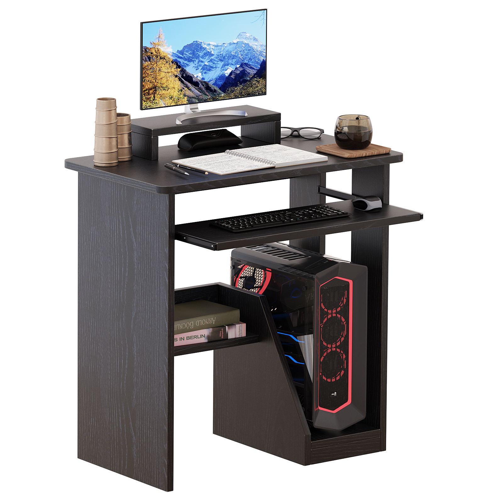 ALISENED 29in Computer Desk with Monitor Stand and Keyboard Tray for Small Space, Wood PC Laptop for Bedroom, Writing Table with Shelves for Living room, Black