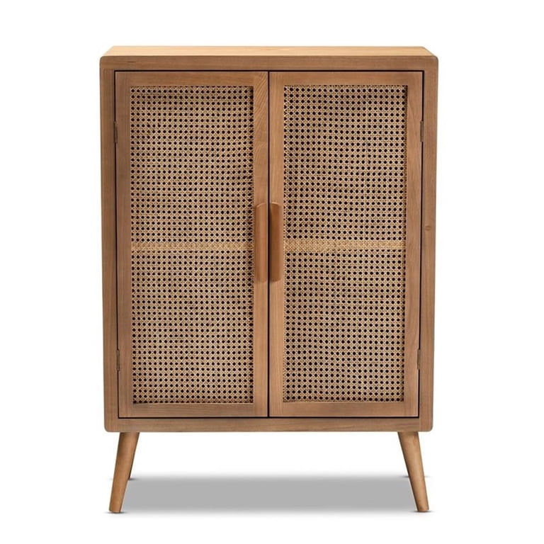 Alina Mid-Century Boho Medium Oak Finished Wood and Rattan 2-Door