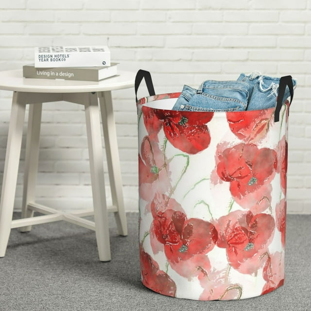 YFYANG Waterproof Laundry Hamper, Red Flower Oil Painting Pattern Laundry Basket Oxford Fabric with Handle Foldable, S