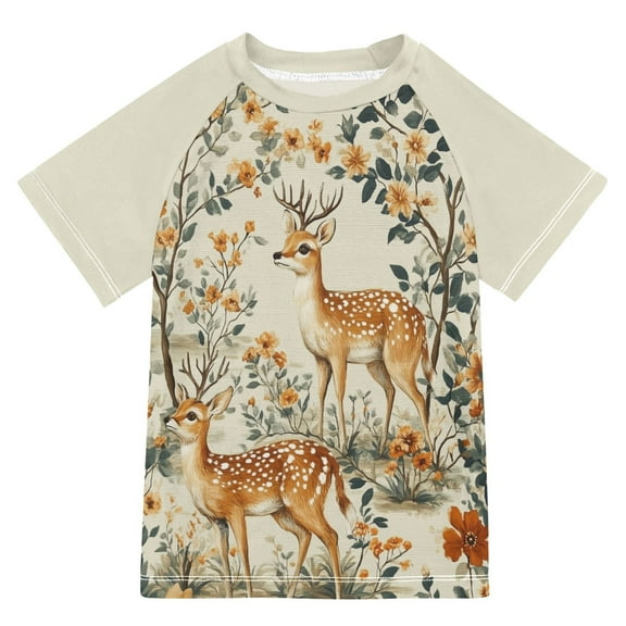 FORMRS Boys Rash Guard with Short Sleeves UPF 50 Swim Shirts Sizes 3-12T, Deer Pattern