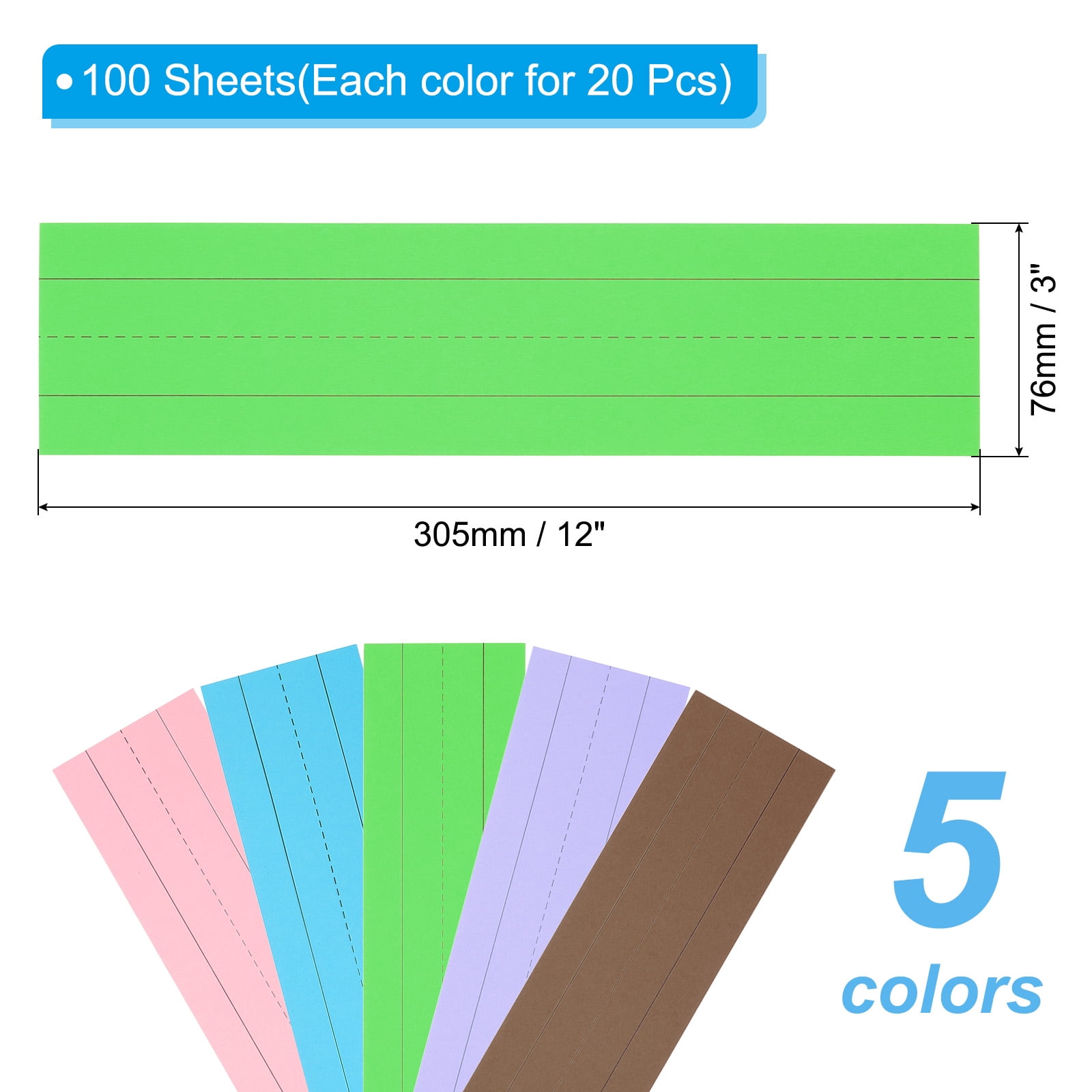Uxcell 100 Sheets Ruled Sentence Strips, 3" x 17" Cardstock 250GSM Writing Paper Blue Red Lined for Classrooms, 5 Colors