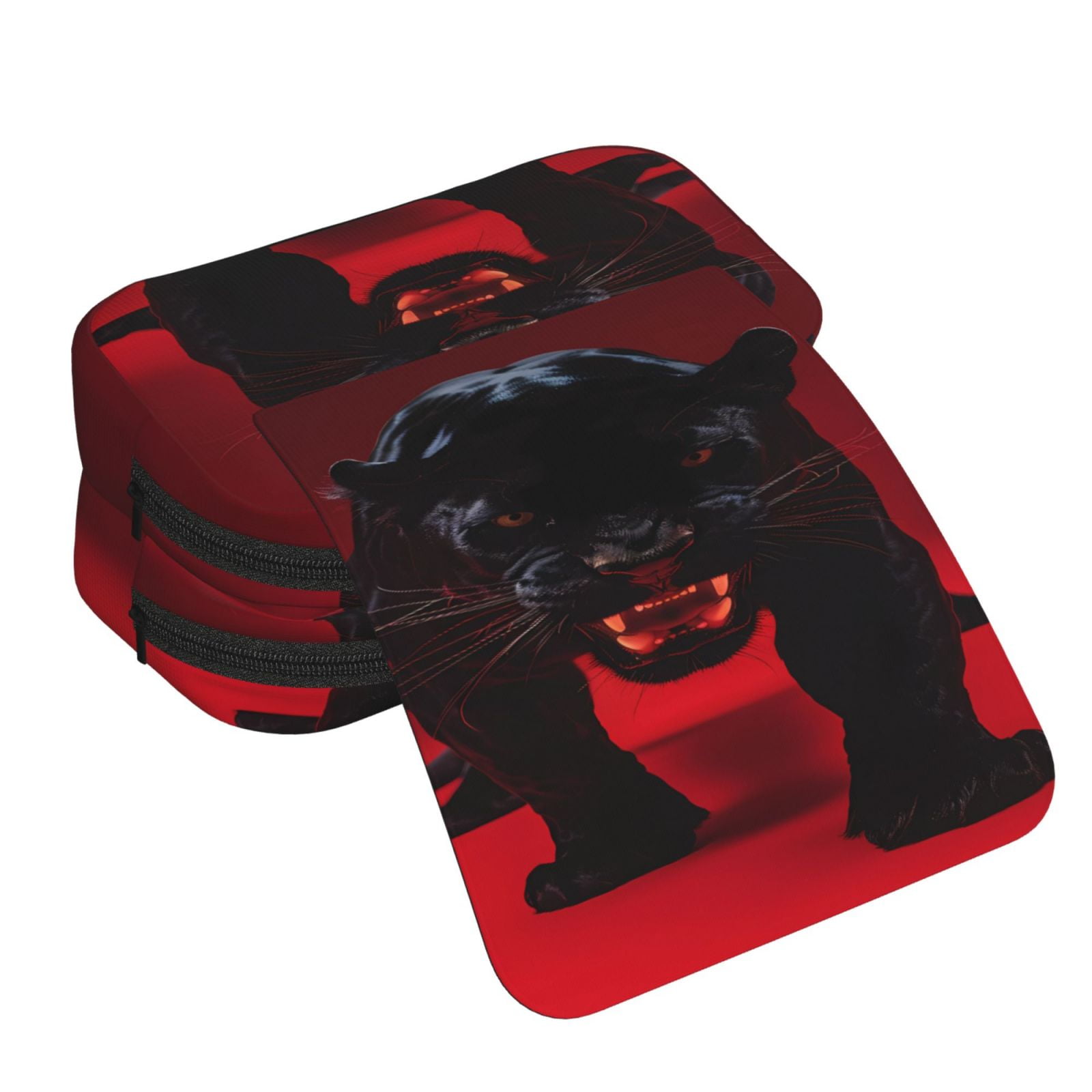 Rateoe Panther Red Background Pattern Double Clamshell Pen Case, Storage Organizer with Two Zipper Compartments– Holds Up to 50 Pencils & Pens