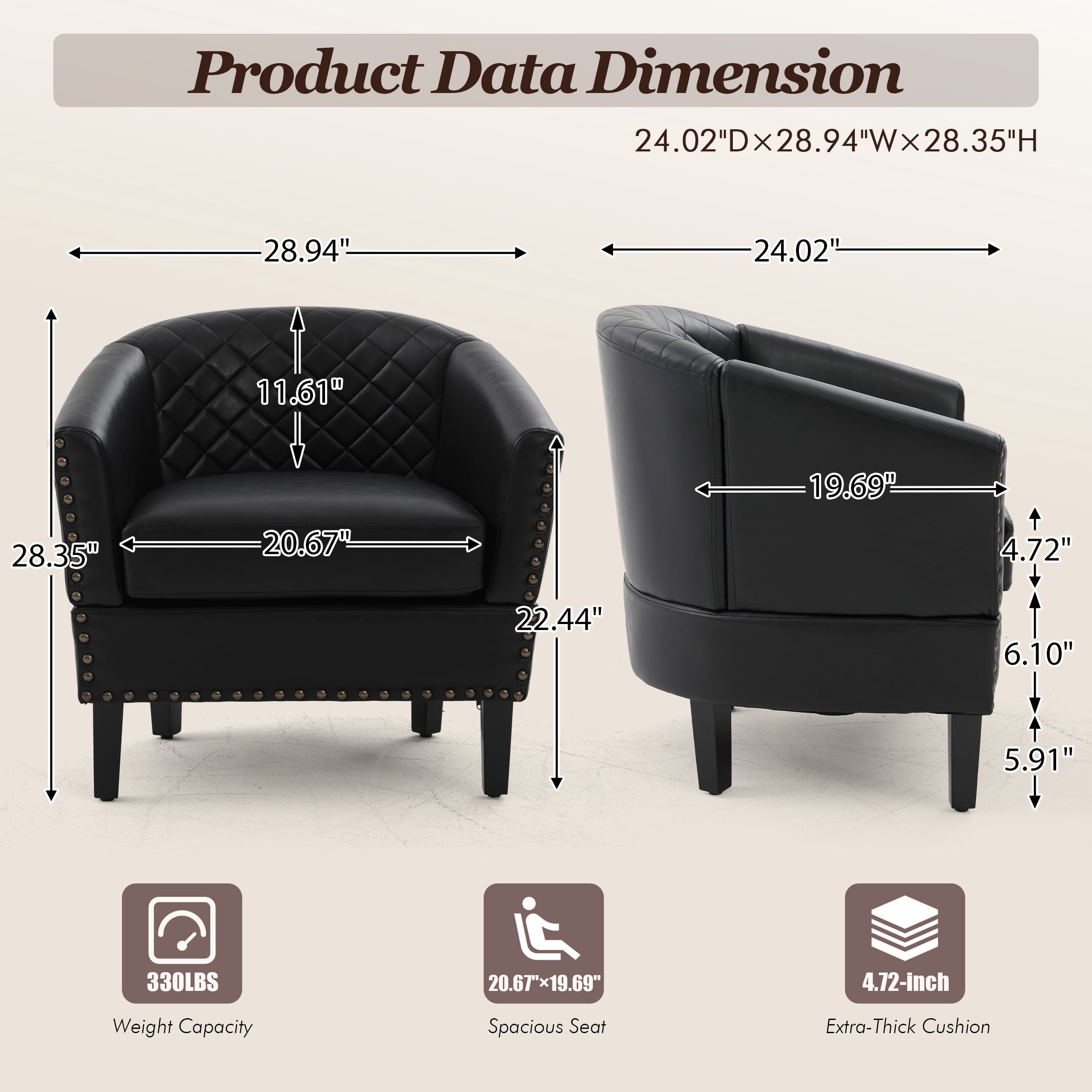MOONMISS Barrel Accent Chair Club Armchairs Comfy chairs for Living Room, Bedroom,Black