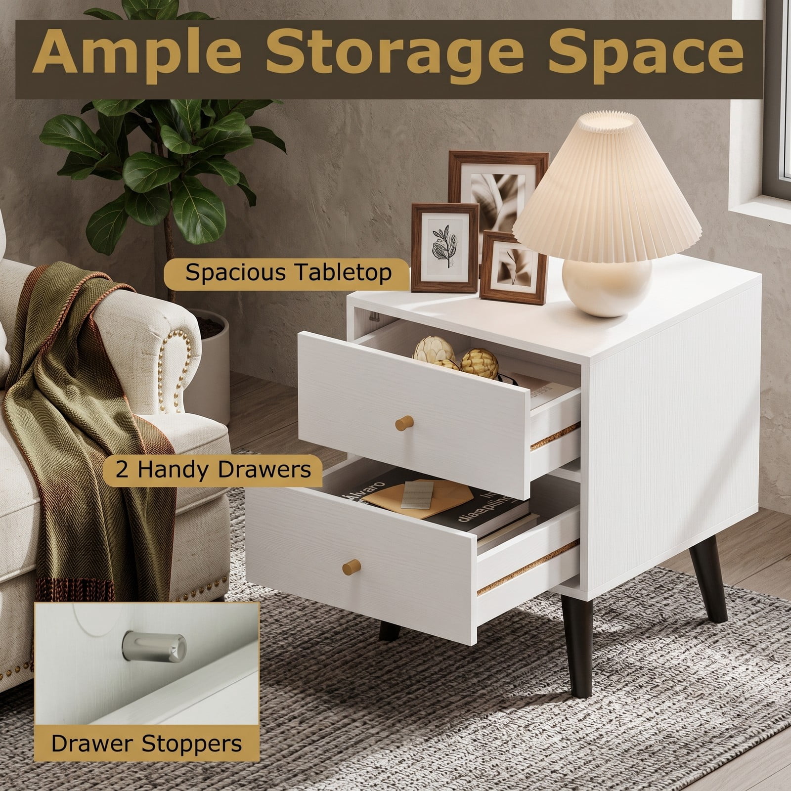 Furnibear Mid Century Nightstand with 2 Drawers and Golden Knobs and Tapered Legs for Bedside Storage in the Bedroom and Living Room, White