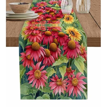 

Table Runner Dresser Scarves 36 Inch Long Watercolor Garden Sunflower Floral Linen Dining Table Runners Spring Flower Green Leaves Tabletop Scarf for Wedding Holiday Party Kitchen