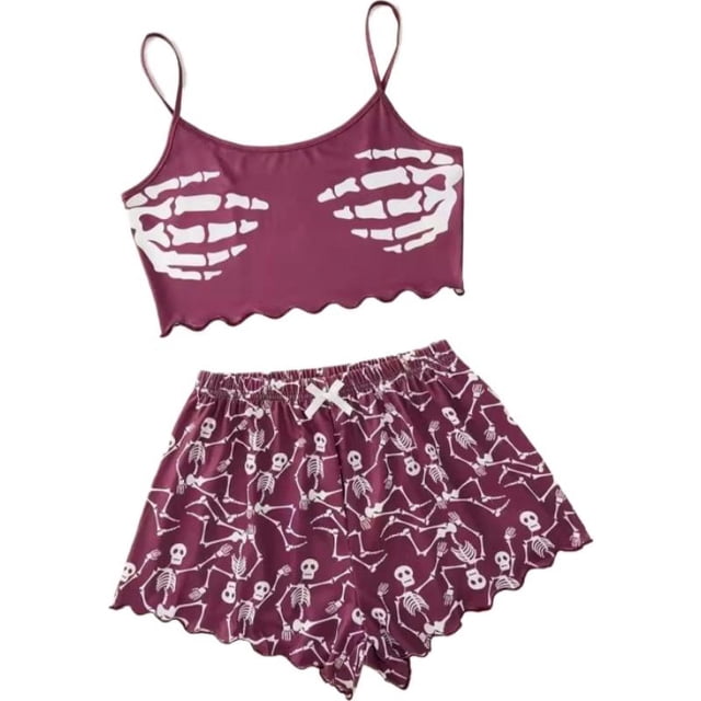 Ensemble de Pyjama 2 Pcs pour Femmes, Haut à Manches Courtes et Shorts, Tenue de Détente avec Imprimé Doux