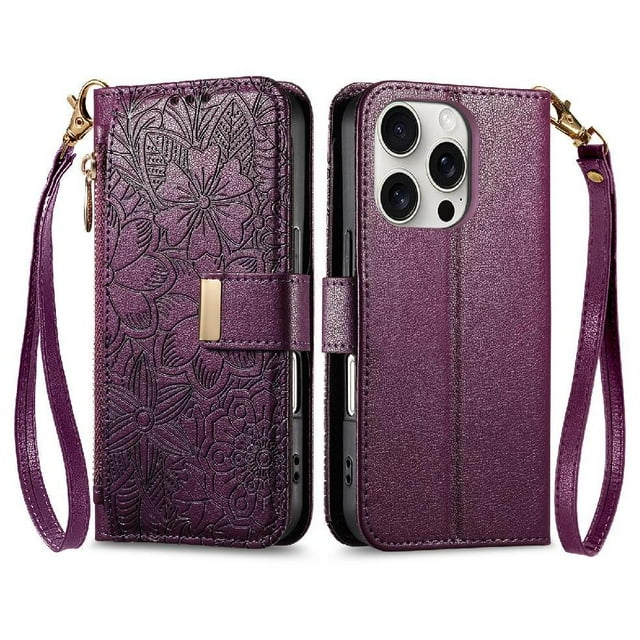 Flip Case for FOXDOCK iPhone 16 Pro Gift Choice Kickstand Viewing Floral Embossed Full Protection Wallet Function