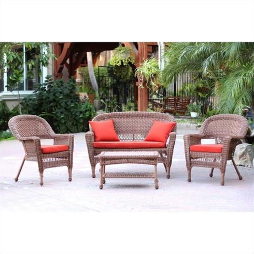 Jeco 4pc Wicker Conversation Set in Honey with Red Orange Cushions