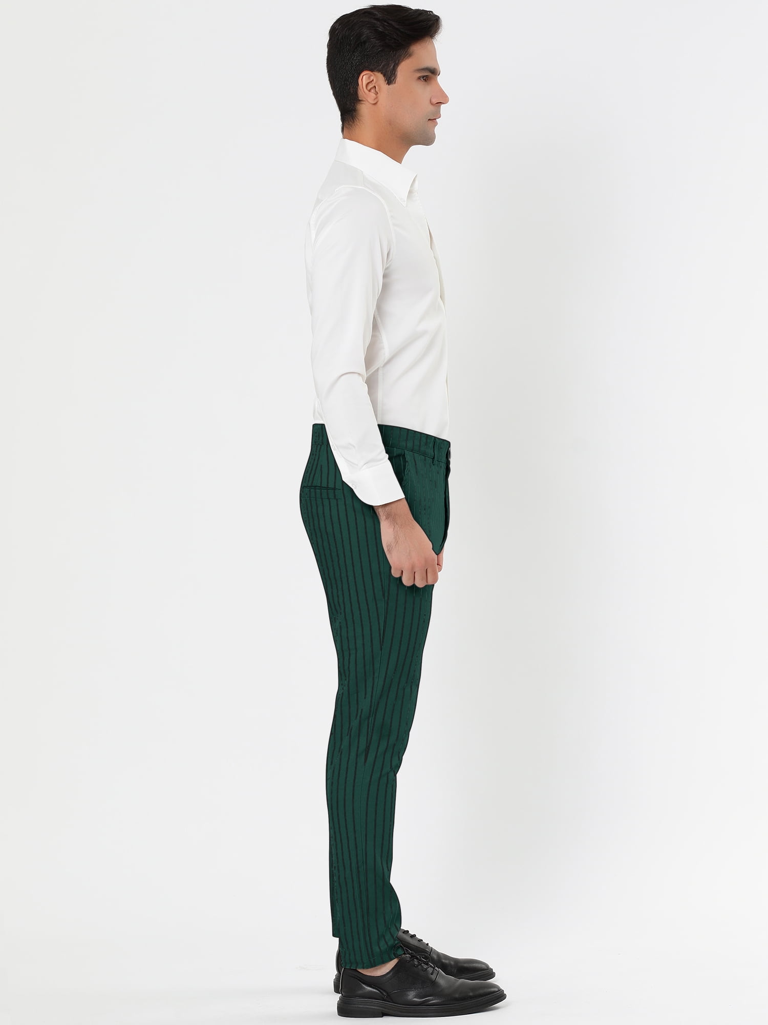 Unique Bargains Men's Striped Pants Slim Fit Flat Front Business Dress Trousers 32 Green Black