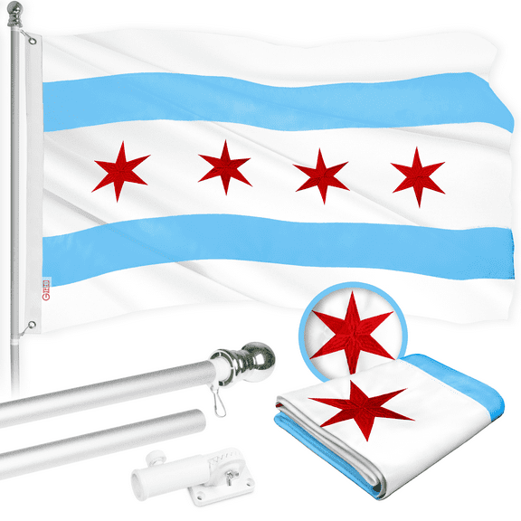 G128 Flag Pole 5 FT Silver Tangle Free & Chicago Flag 2.5x4 FT Combo Embroidered 300D Polyester