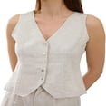 thumbnail image 1 of CHOK Womens Pure Linen Sleeveless Button Down V Neck Crop Top Summer Vest Waistcoat, 1 of 6