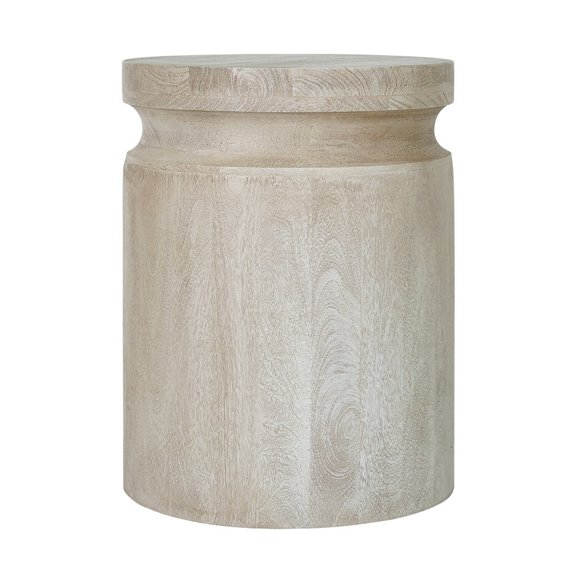 Kiv 24 Inch Side End Table, Round Mango Wood Top, Carved Accent Base, Gray