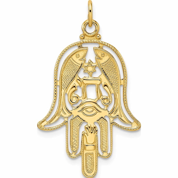 14K Yellow Gold Polished & Textured Solid Hamsa Pendant (34 X 20.5) Made In United States -Jewelry By Sweet Pea