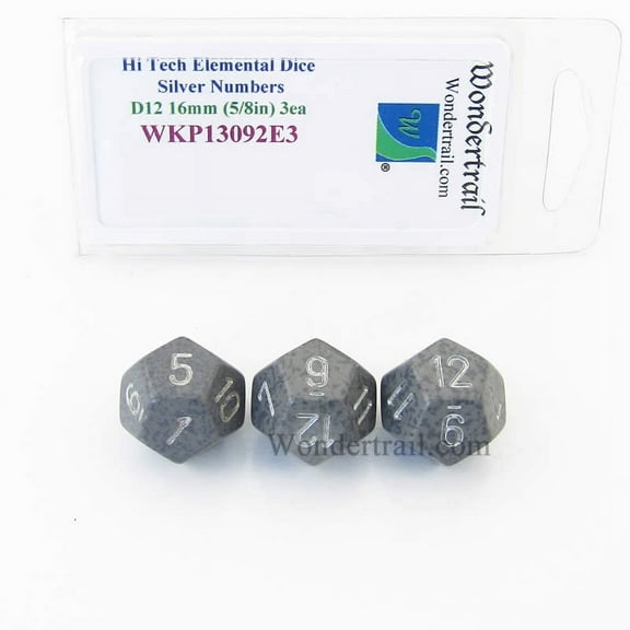 Hi Tech Elemental Dice with Silver Numbers 16mm (5/8in) D12 Pack of 3 Wondertrail