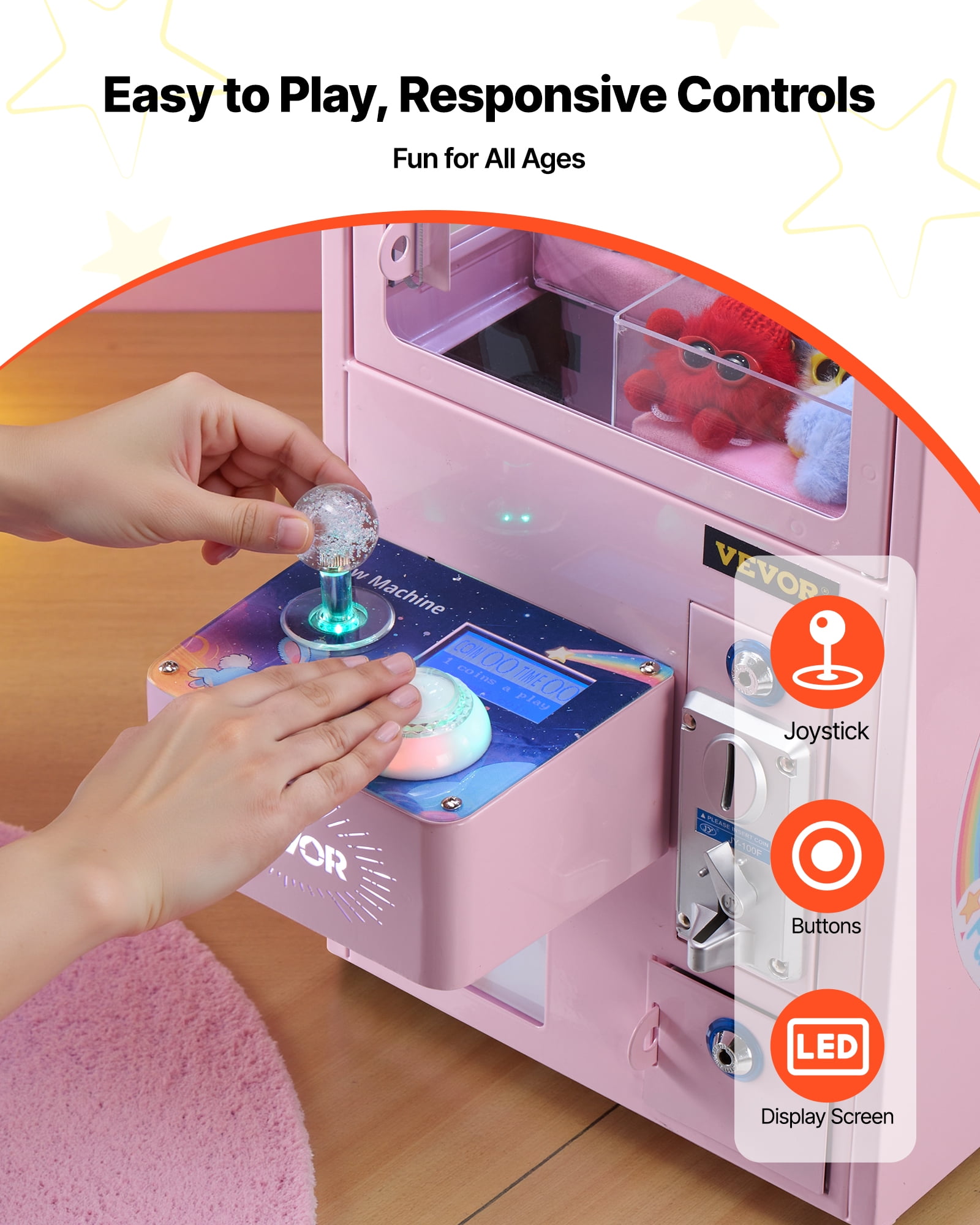 VEVOR Claw Crane Machine, Medium-Sized Arcade Game Machine with Light & Sound, Adjustable Steel Claws, Precise Toy Candy Grabber Prize Dispenser Vending Toy, for Commercial Home Parties Cinema, Pink