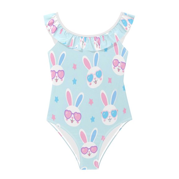 Girls Ruffled One Piece Swimsuit Summer Beach Vacation Swimwear Tank Swimsuit Rabbit Wearing Sunglasses Pattern
