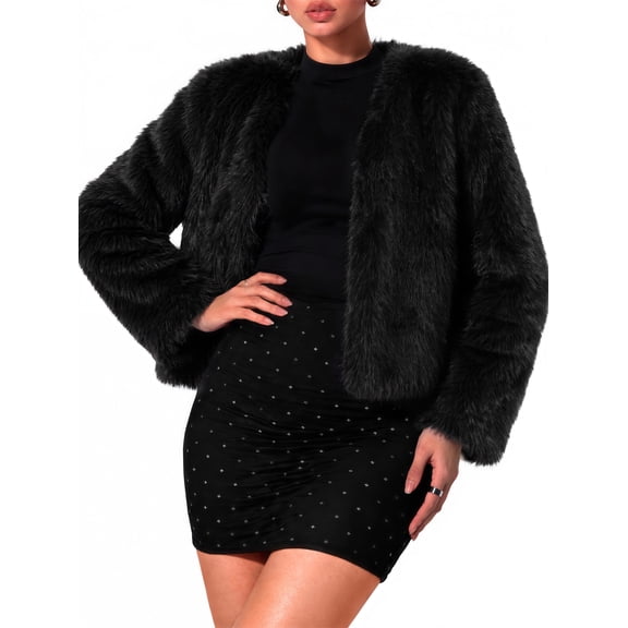 Sundazz Women's Winter Faux Fur Coats Cropped Fuzzy Jacket Warm Open Front Outerwear Fashion Clothing