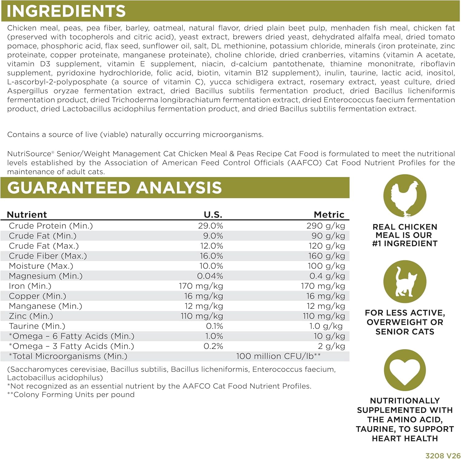 Nutri Source 125105 12 lbs Senior Weight Management Chicken & Peas Cat Food - MP80