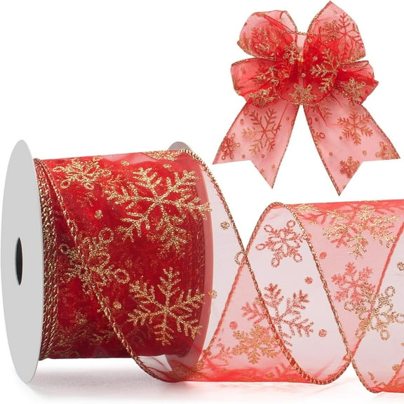 Snowflake Glitter Wired Ribbon for Christmas Tree, Gift Wrapping, 2.5 Inch x 10 Yards Sheer Organza Ribbon with Glitter Snowflake Pattern for Crafts, Bows Making, Garlands