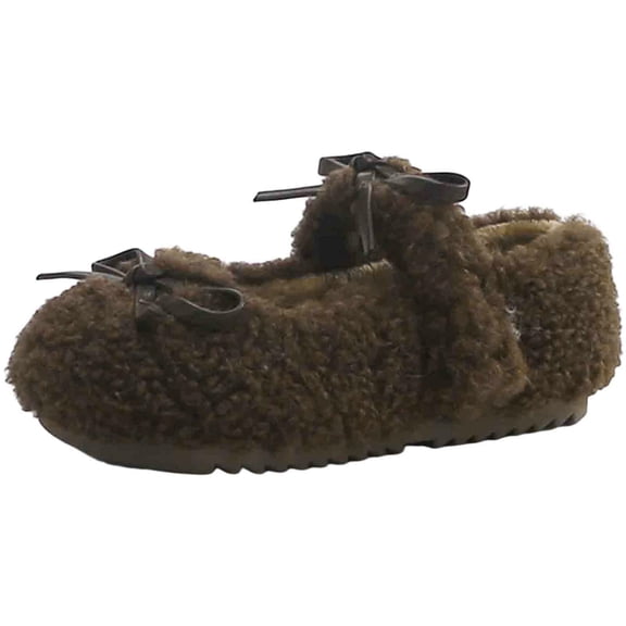 Kids Girl's Slip On Plush Mary Jane Shoes Fleece Lined Non Slip Loafers Toddler Cute Bowknot Princess Dress Shoes Brown Size 9 Toddler