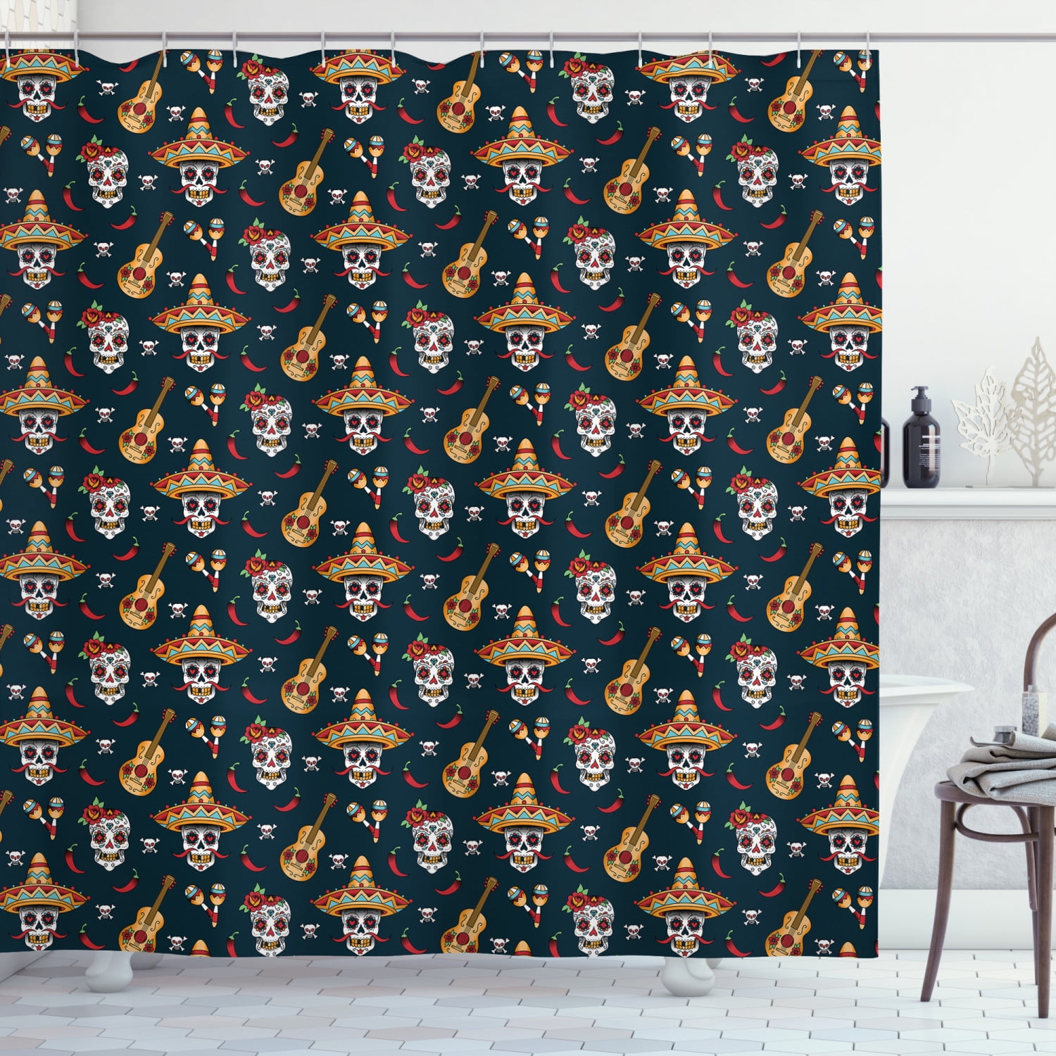 Mexican Shower Curtain, Detailed Artistic Floral Sugar Skulls with