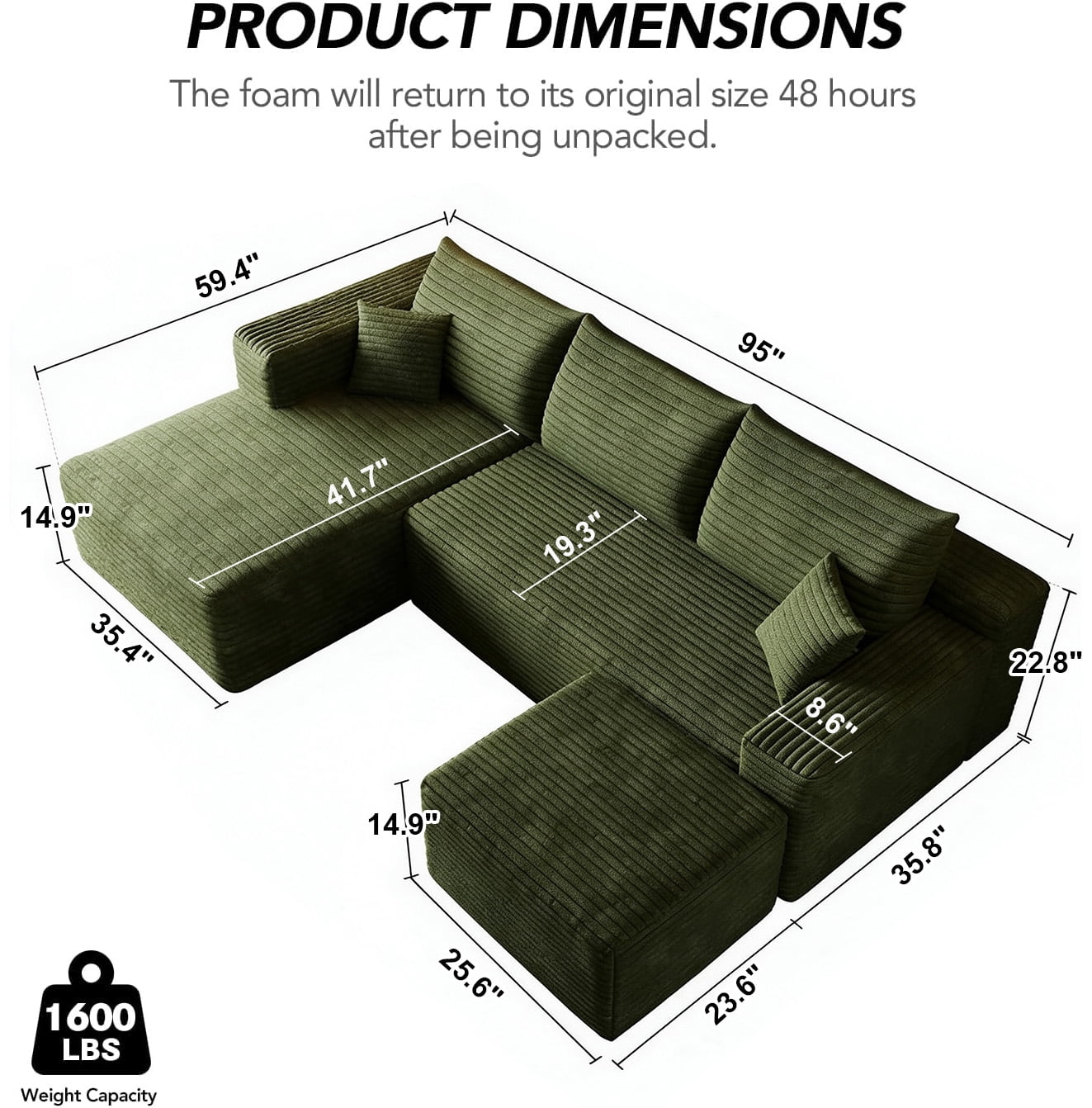 MOONMISS Small Modular Sectional Sofa with Movable Chaise and Ottoman,U-Shaped Boneless Cloud Couch for Living Room Apartment,Green(Left Facing Chaise)