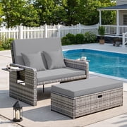 POTEBAN Wicker Outdoor Daybed-Outdoor Loveseat with Storage Ottoman, 4-Level Adjustable Backrest & Cushions for Balcony, Garden, Poolside (Gray)