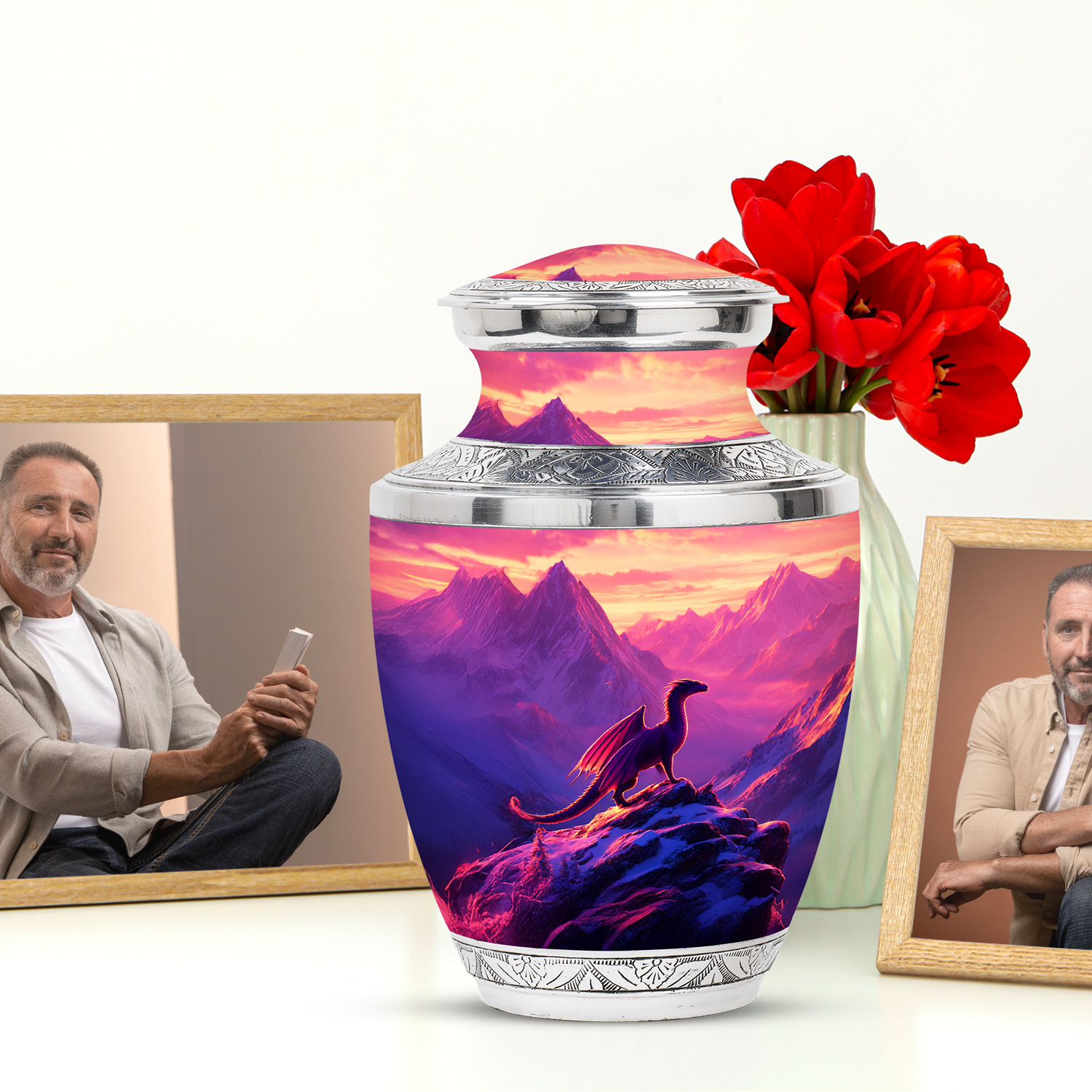 JAGASY Dragon Handmade Large Urn for Human Ashes, Purple Urn for Ashes Adult Male & Female, Snowy Mountain & Sunset Decorative Urns for Boys, Funeral Cremation Urns for Girls, (10 Inch)