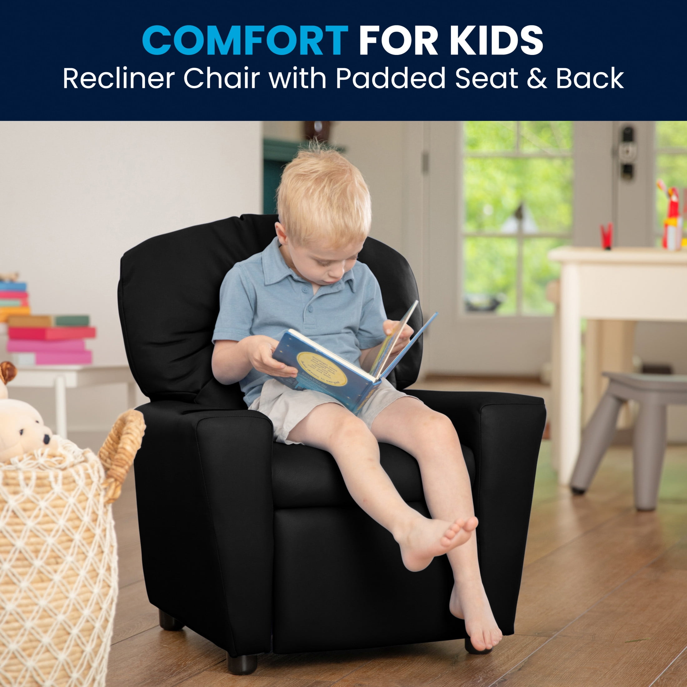 Flash Furniture Chandler Contemporary Black LeatherSoft Kids Recliner with Cup Holder