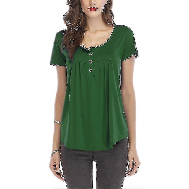 Camiseta de talla grande con botones lisos para mujer, camisetas informales de manga corta con cuello redondo-c