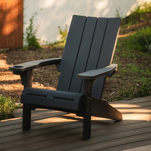 Keter Modern Adirondack Resin Outdoor Furniture Patio Chairs with Cup Holder-Perfect for Beach, Pool, and Fire Pit Seating, Grey