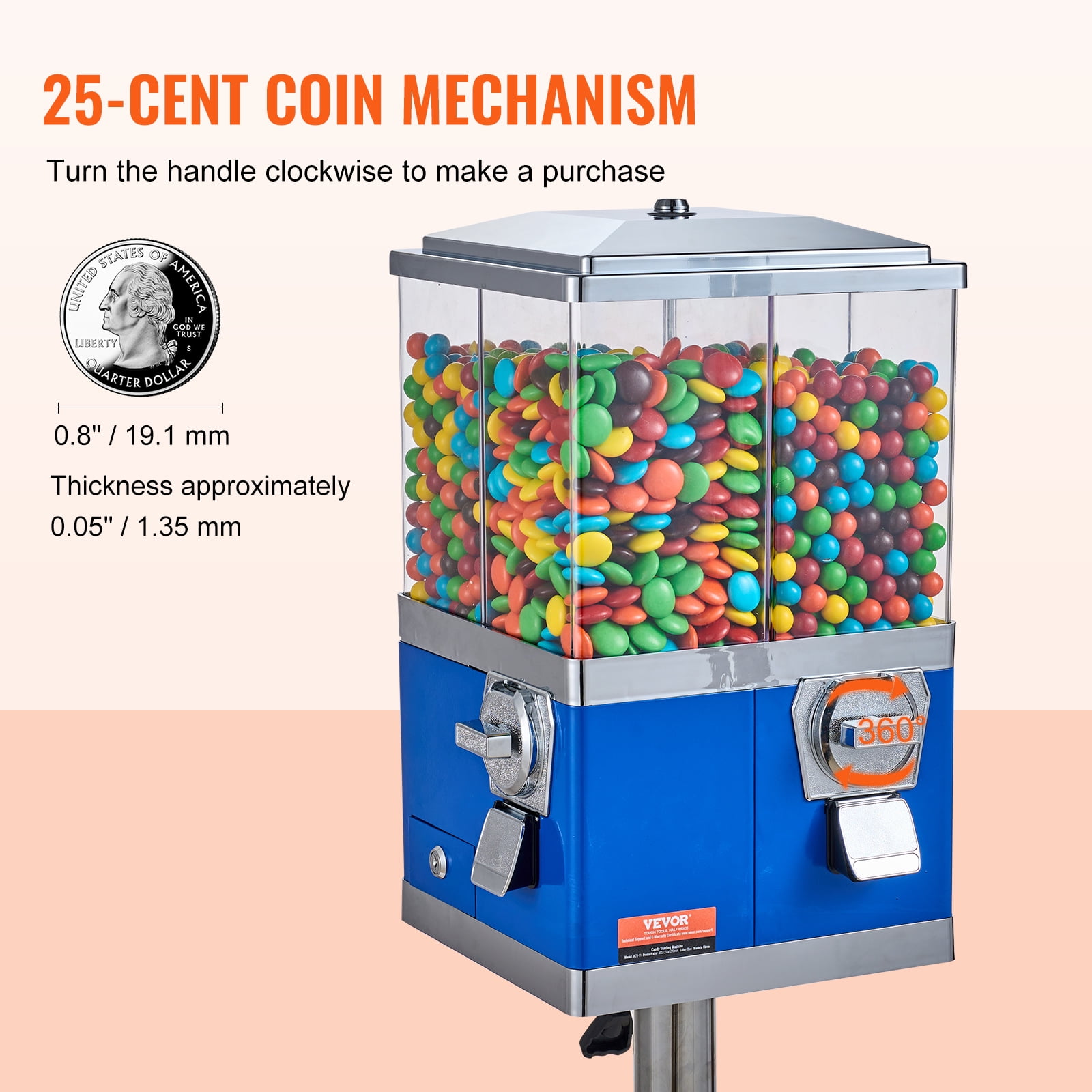 VEVOR Commercial Vending Machine, Four Compartment Rotatable Gumball and Candy Dispenser, Adjustable Height Coin Operated Candy Bank with Iron Stand, for Business Toy Capsules Bouncy Balls Nut, Blue