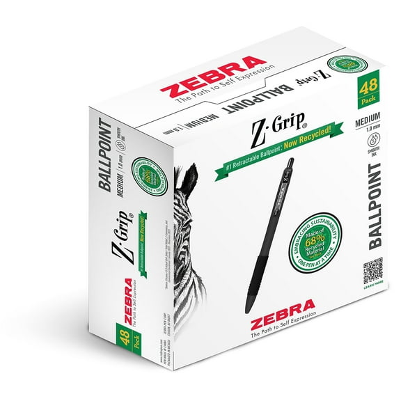 Zebra Z-Grip Recycled Retractable Ballpoint Pen Medium Point 1.0mm Black Ink 48/Pack (20418)
