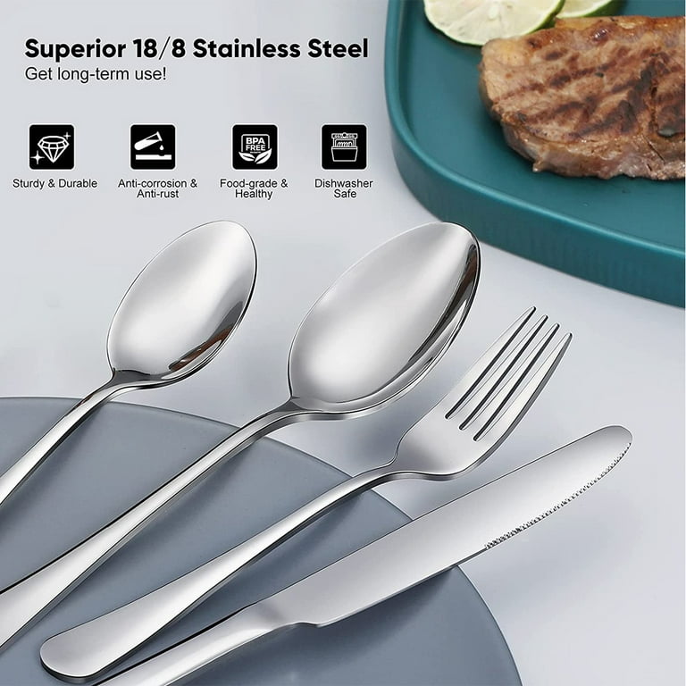24 Piece Silverware Set with Steak Knives, Stainless Steel Flatware Set,  Cutlery Set Service for 4, Mirror Polished Utensils Set, Forks and Spoons Silverware  Set, Dishwasher Safe 