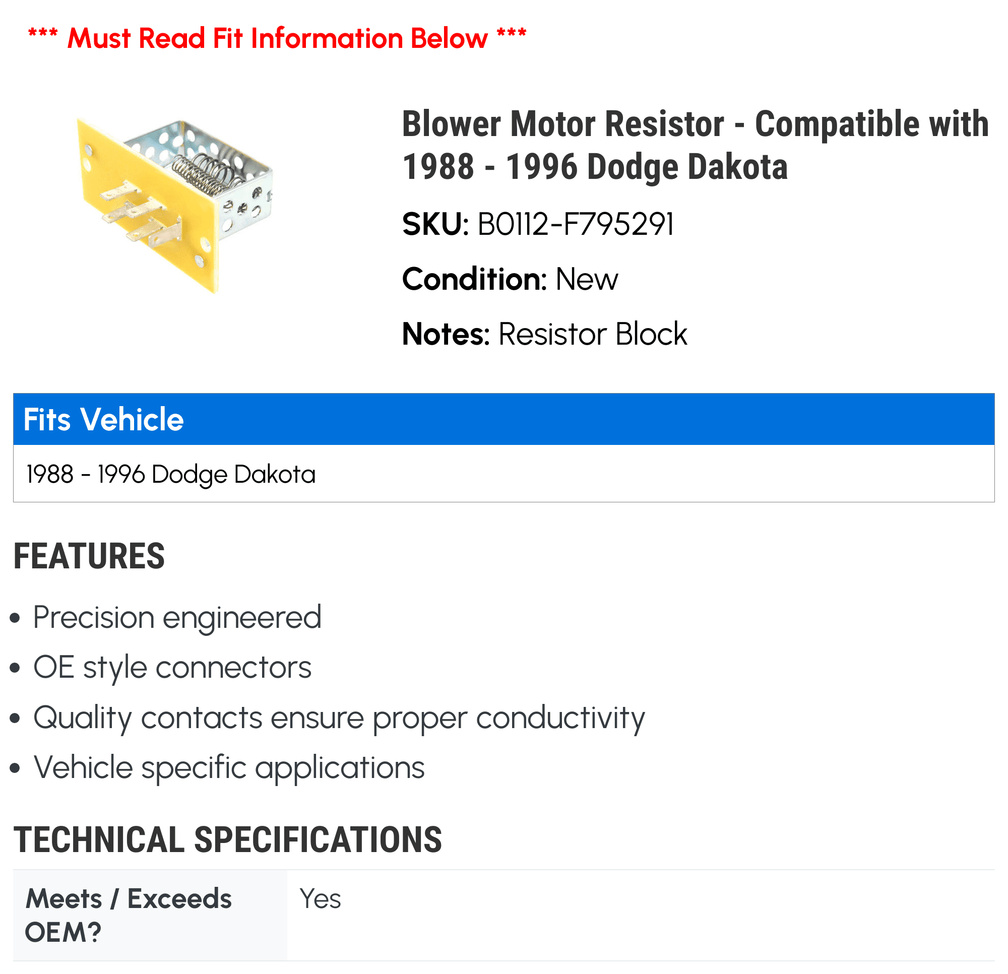 Blower Motor Resistor - Compatible with 1988 - 1996 Dodge Dakota 1989 1990 1991 1992 1993 1994 1995