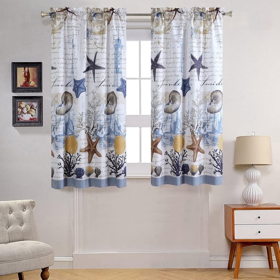 Under The Sea Blue Pinted Ocean Window Curtain Pair,Modern Seashell Beach Lighthouse 2 Panels Set,Each 42" W x 63" L and Total 84" Wide and 63" Long