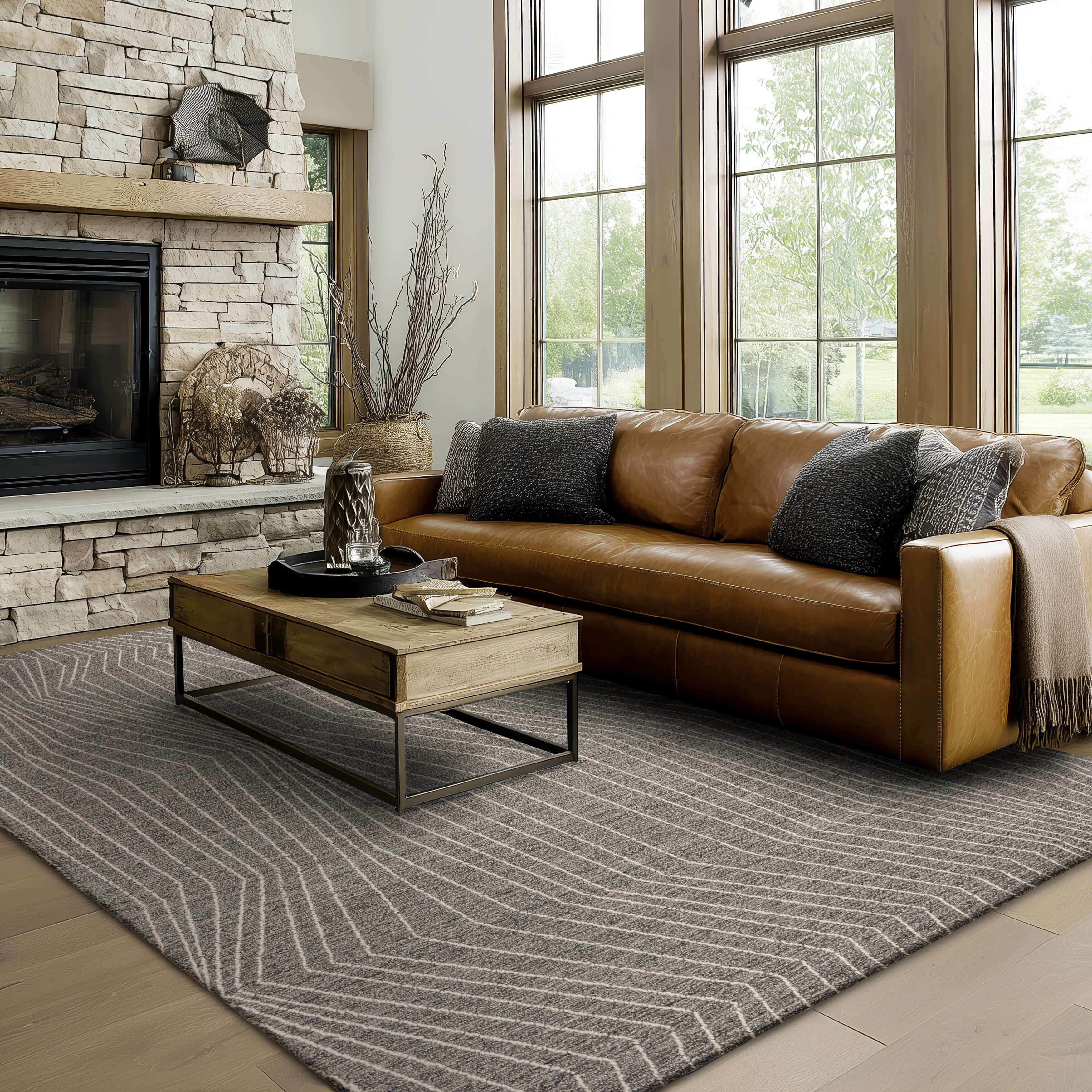Mainstays Wool Lines Plush Indoor Fade Resistant Tufted Area Rug, Grey, 8' x 10'