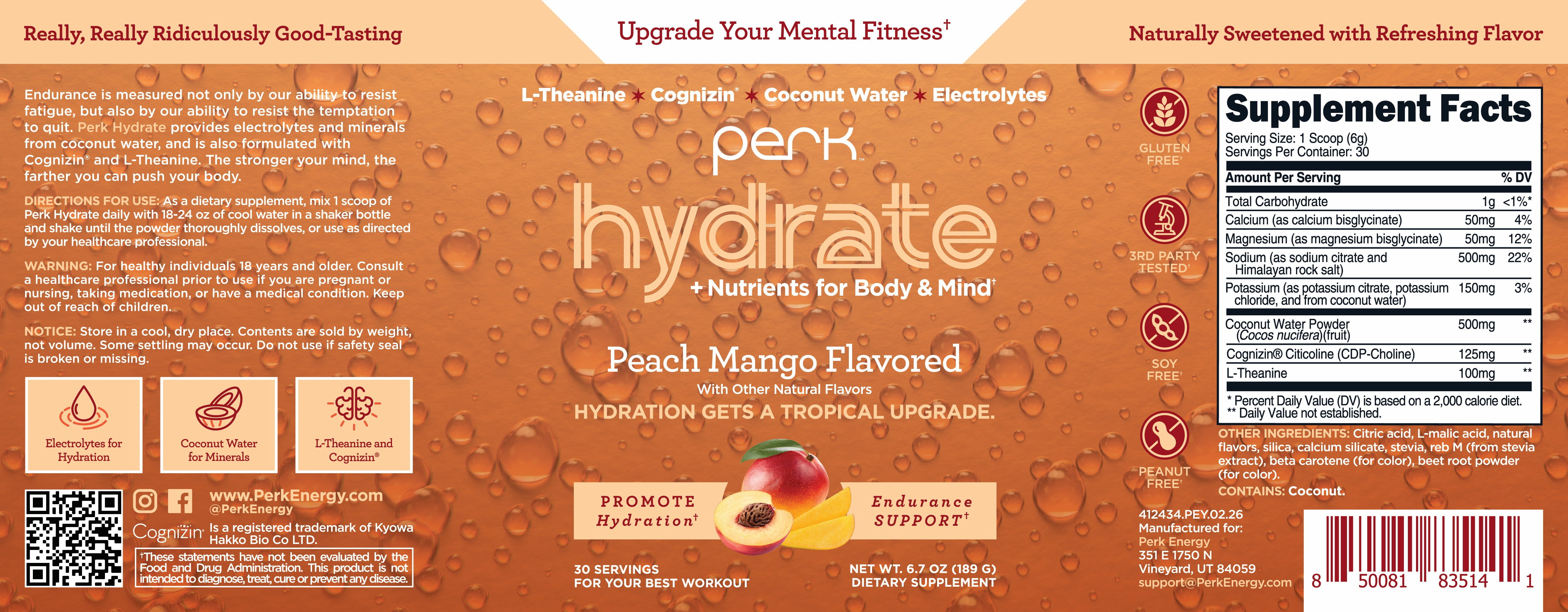 Perk Hydrate Electrolyte Drink Mix Powder Peach Mango Flavored (30 Servings) - Coconut Water, CDP-Choline, L-Theanine, Gluten-Free