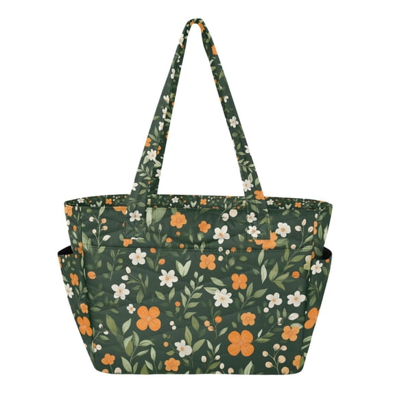 FORMRS Tote Bag for Women Quilted Large Capacity Travel Work Carry On Shoulder Handbag, Orange Flowers