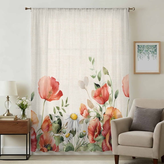 Red Poppy Sheer Curtains 72 Inches Long, Spring Country Watercolor Daisy Flower Leaf Plant Light Filering Curtains, Breathable Simi Curtain Privacy Drapes for Living Room Bedroom Window Treatment