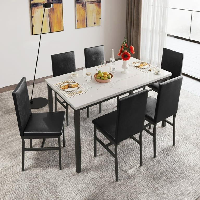 Dining Table with 6 High back Upholstered Chairs Modern Dinette Set Dining Table and Chairs Set for 6 Persons Small Home Kitchen Dining Table Set