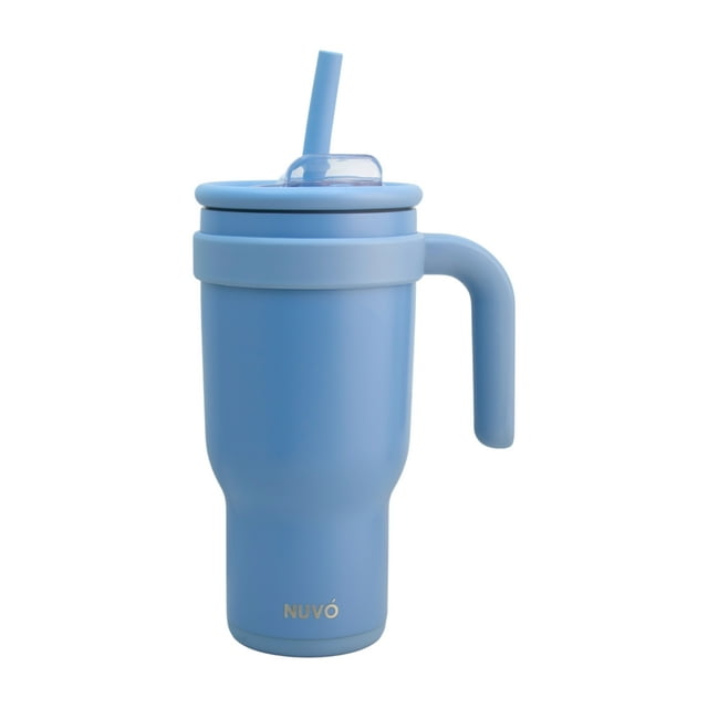 Termo Doble Pared Acero Inoxidable Exterior e Interior, Vaso Térmico con Tapa Doble y Popote Plástico con Silicona y Asa Ergonómica, Capacidad 900 ml, Azul