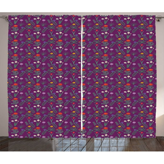Ambesonne Periwinkle Curtains 2 Panel Set, Various Spring Flowers, 108" x 63", Dark Mauve Multicolor
