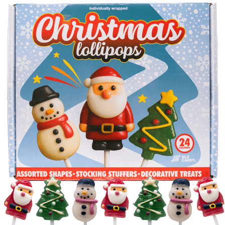 Christmas Lollipops Candy, Santa, Snowman & Christmas Tree, Strawberry Suckers, 24 Count Box